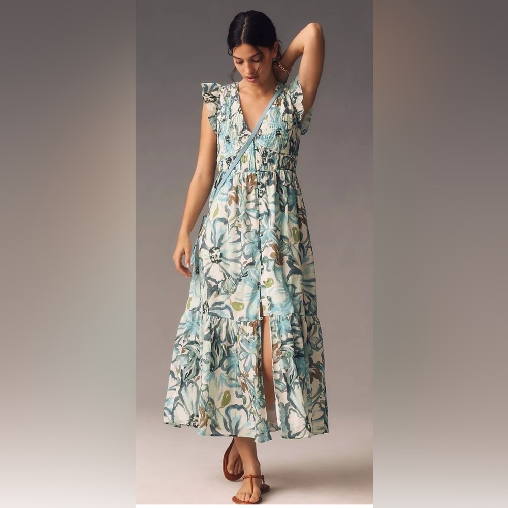 Anthropologie Floral Maxi Dress in Blue and Green